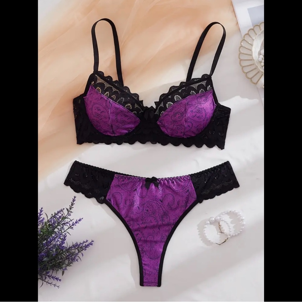 Purple & Black, Abstract, Lace, Lingerie Set